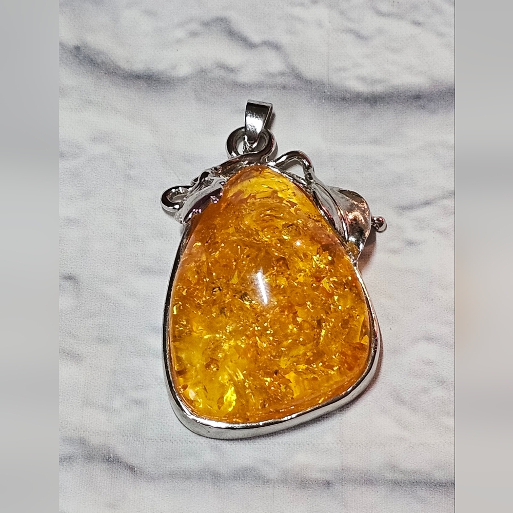 Designer Baltic Amber Pendant In 18K White GP